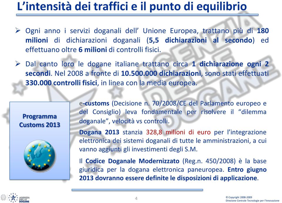 000 controlli fisici, in linea con la media europea. Programma Customs 2013 e-customs (Decisione n.