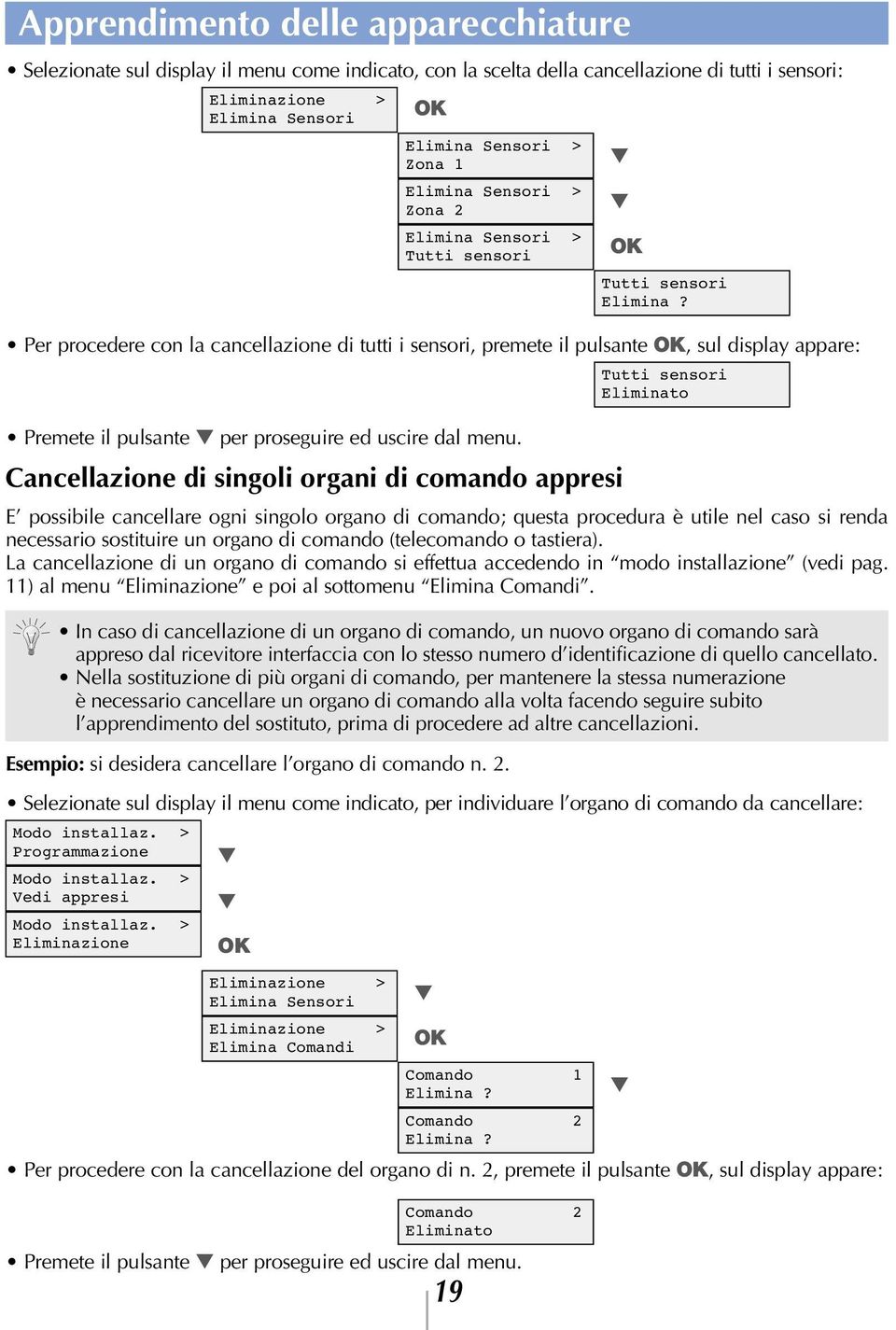 Per procedere con la cancellazione di tutti i sensori, premete il pulsante, sul display appare: Premete il pulsante per proseguire ed uscire dal menu.