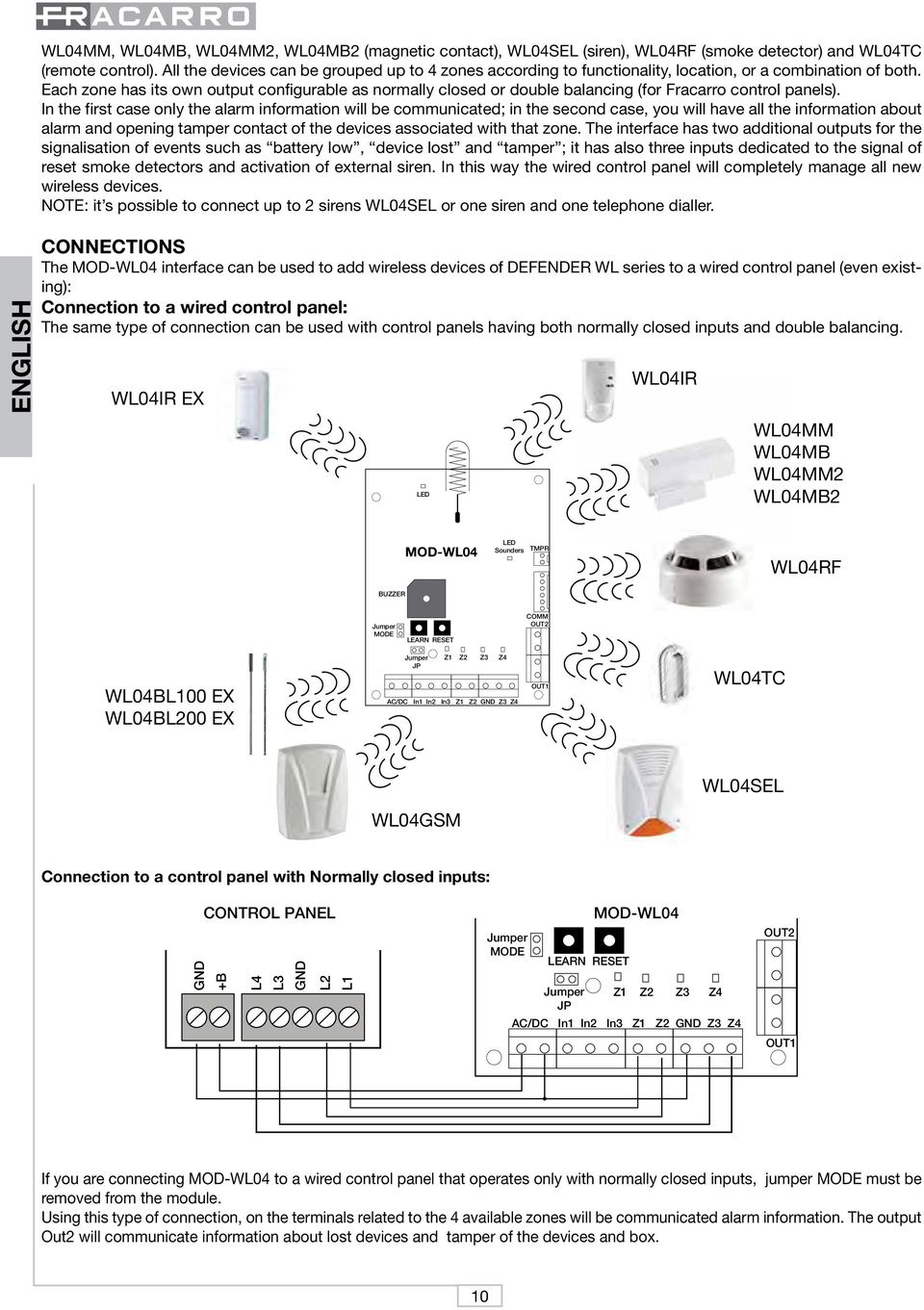 Each zone has its own output configurable as normally closed or double balancing (for Fracarro control panels).