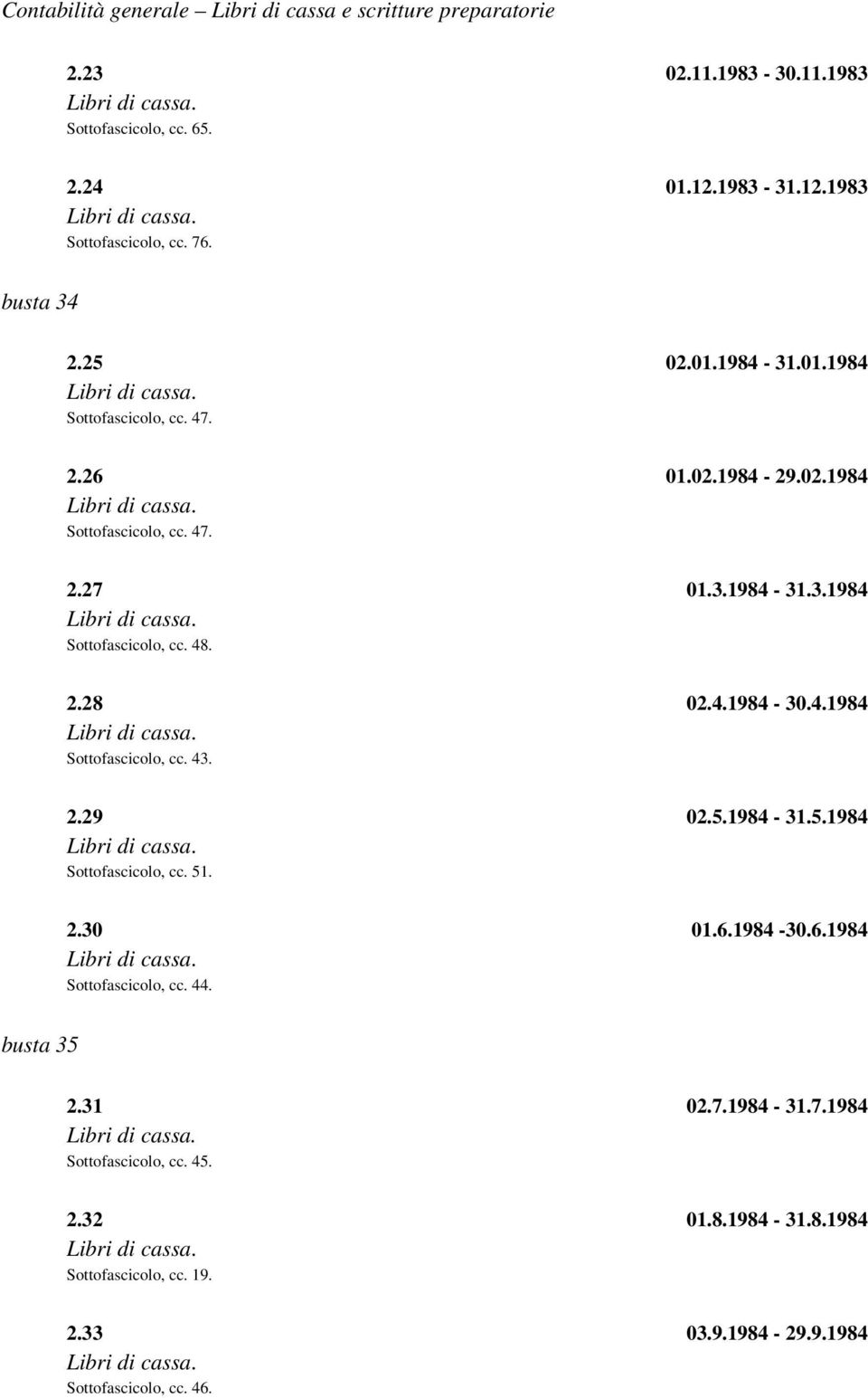2.28 02.4.1984-30.4.1984 Sottofascicolo, cc. 43. 2.29 02.5.1984-31.5.1984 Sottofascicolo, cc. 51. 2.30 01.6.1984-30.6.1984 Sottofascicolo, cc. 44.