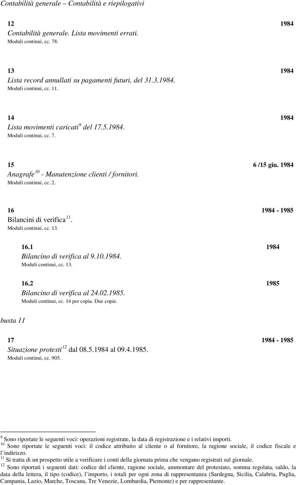 16 1984-1985 Bilancini di verifica 11. Moduli continui, cc. 13. 16.1 1984 Bilancino di verifica al 9.10.1984. Moduli continui, cc. 13. 16.2 1985 Bilancino di verifica al 24.02.1985. Moduli continui, cc. 14 per copia.