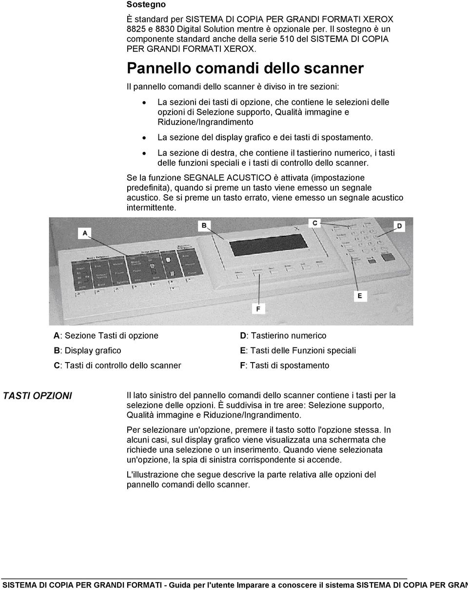 Pannello comandi dello scanner Il pannello comandi dello scanner è diviso in tre sezioni: La sezioni dei tasti di opzione, che contiene le selezioni delle opzioni di Selezione supporto, Qualità