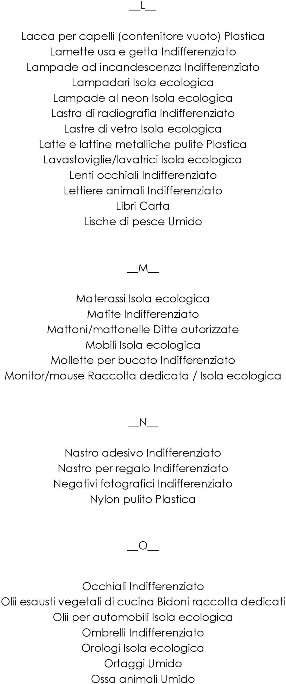 Indifferenziato Libri Carta Lische di pesce Umido M Materassi Isola ecologica Matite Indifferenziato Mattoni/mattonelle Ditte autorizzate Mobili Isola ecologica Mollette per bucato Indifferenziato