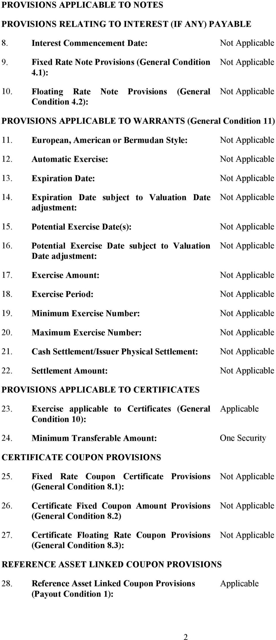 Expiration Date: 14. Expiration Date subject to Valuation Date adjustment: 15. Potential Exercise Date(s): 16. Potential Exercise Date subject to Valuation Date adjustment: 17. Exercise Amount: 18.