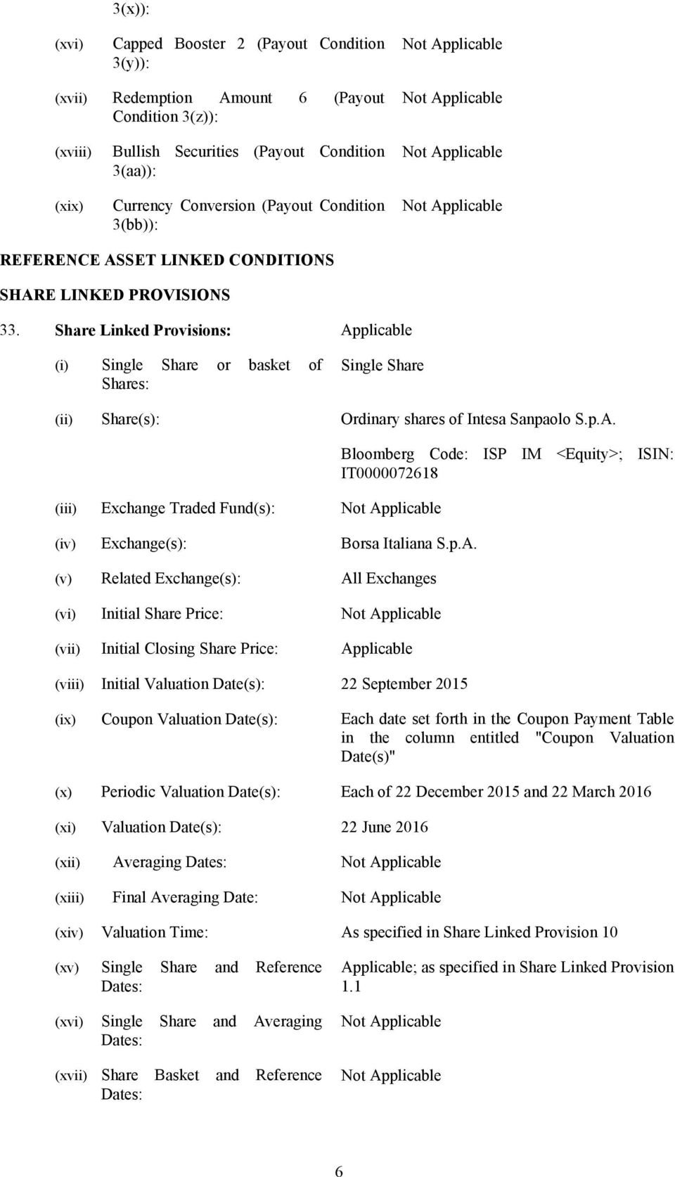 Share Linked Provisions: Applicable (i) Single Share or basket of Shares: Single Share (ii) Share(s): Ordinary shares of Intesa Sanpaolo S.p.A. (iii) Exchange Traded Fund(s): (iv) Exchange(s): Borsa Italiana S.