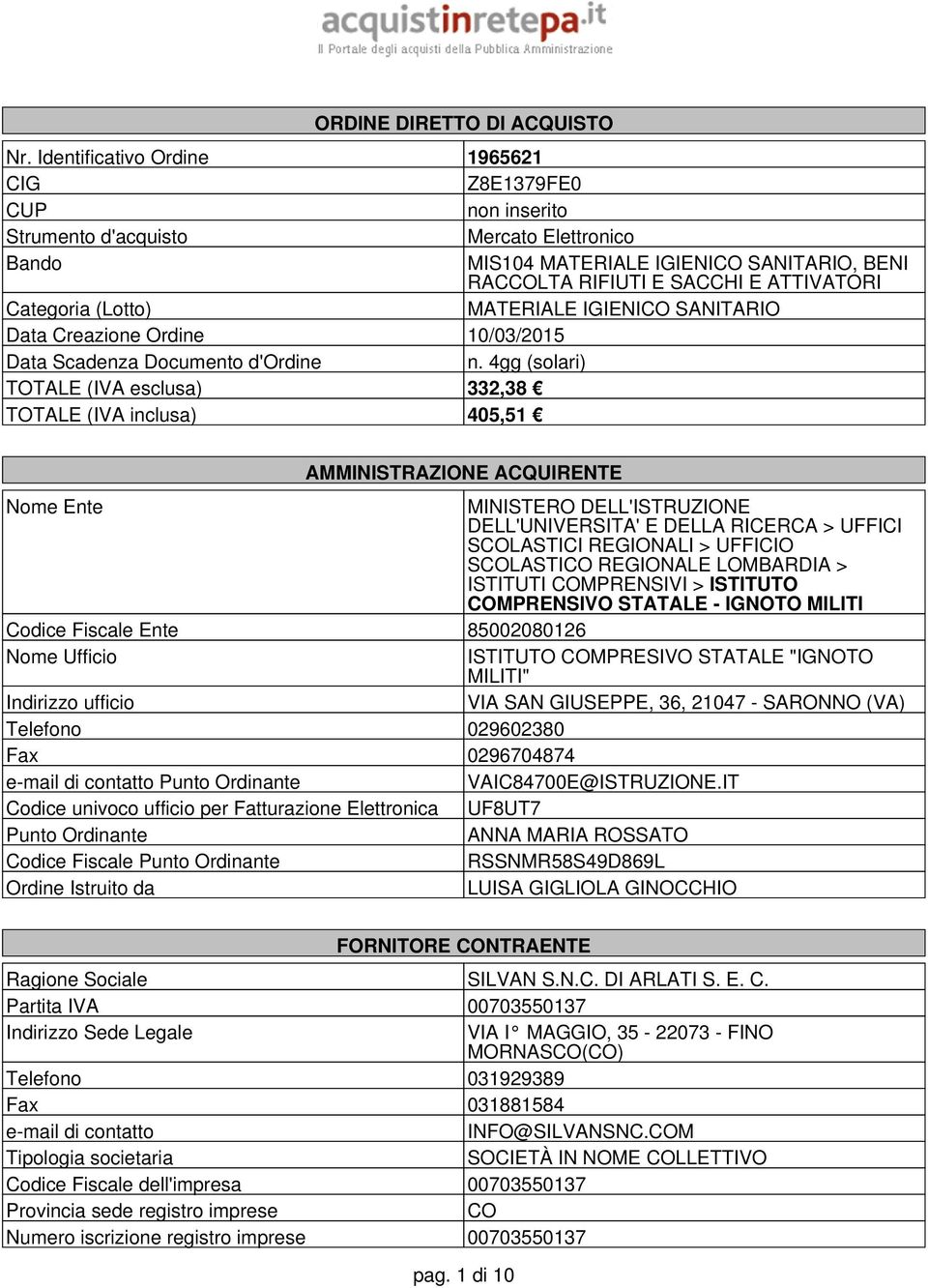 (Lotto) MATERIALE IGIENICO SANITARIO Data Creazione Ordine 10/03/2015 Data Scadenza Documento d'ordine n.