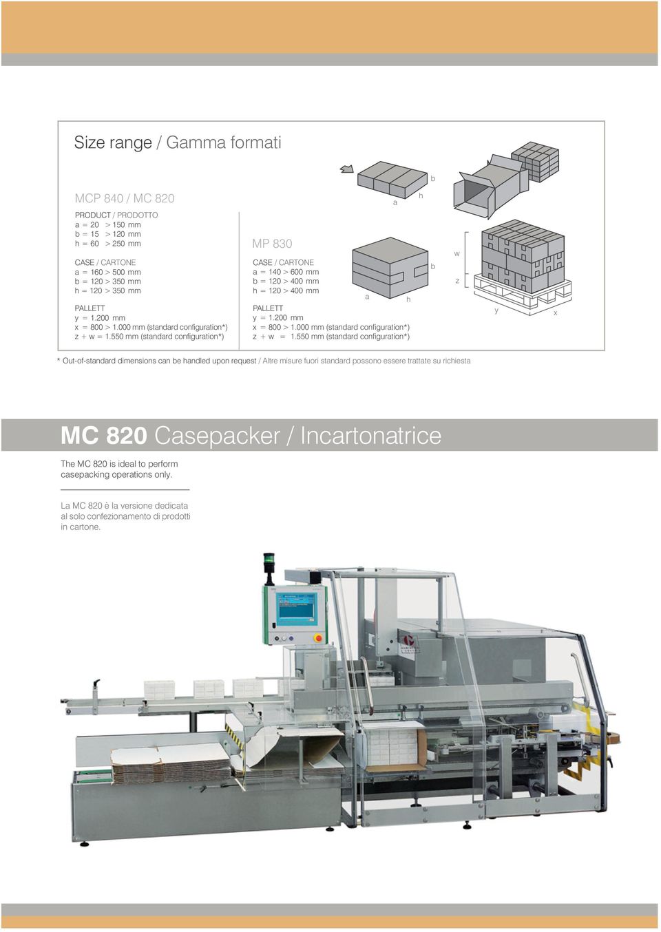 200 mm x = 800 > 1.000 mm (standard configuration*) z + w = 1.