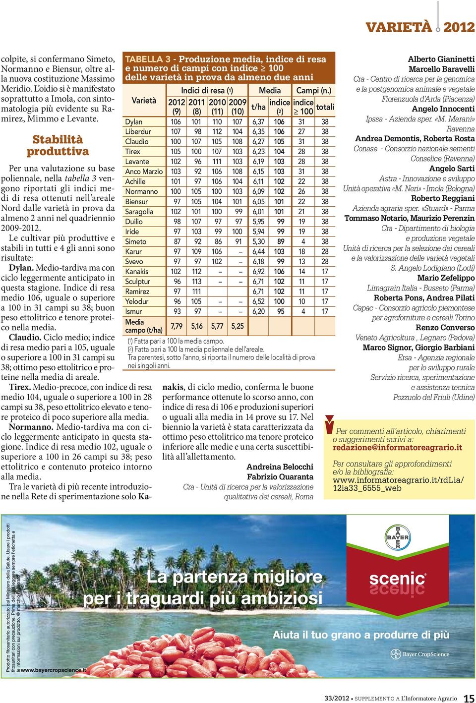 Stabilità produttiva Per una valutazione su base poliennale, nella tabella 3 vengono riportati gli indici medi di resa ottenuti nell areale Nord dalle varietà in prova da almeno 2 anni nel