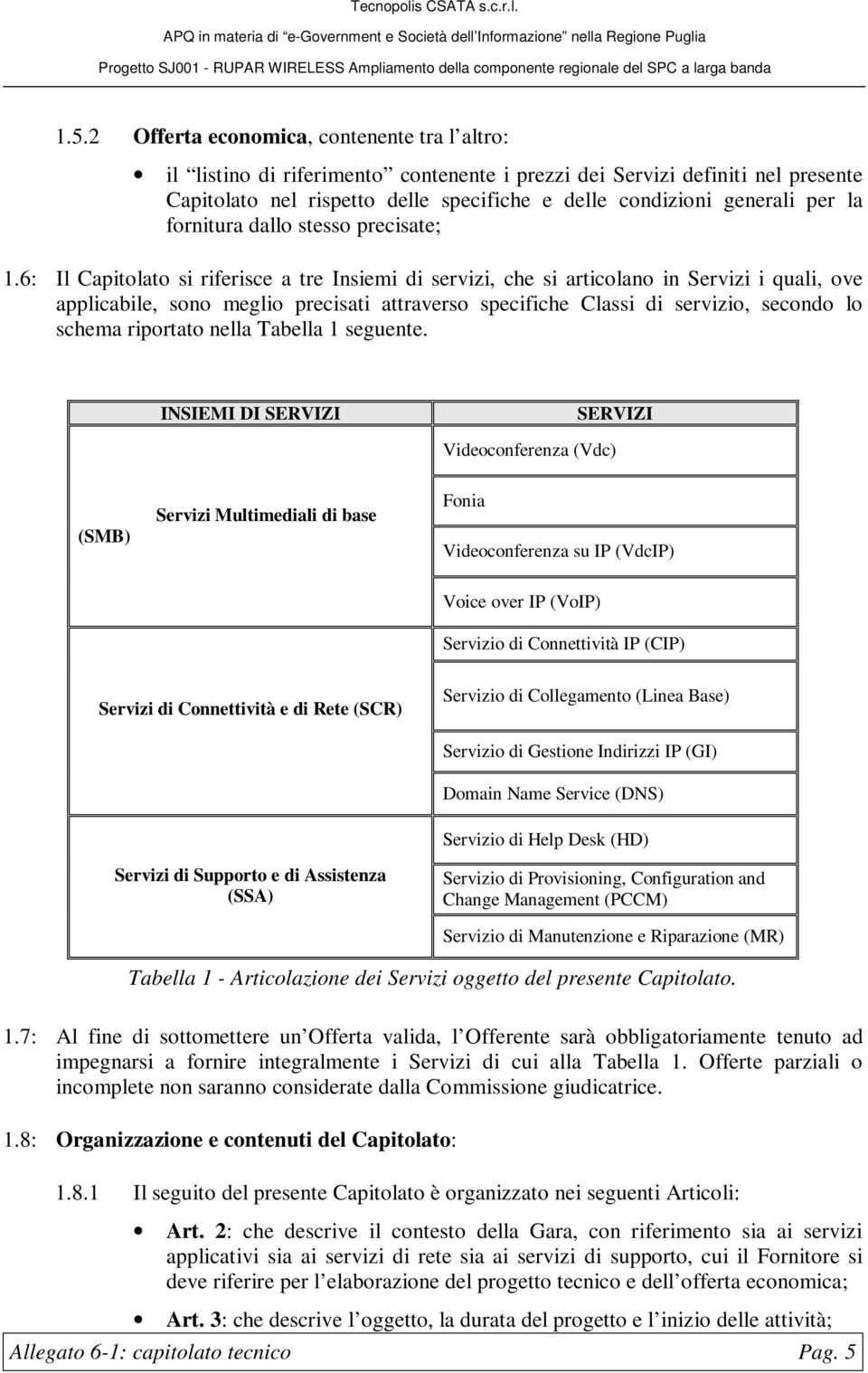 6: Il Capitolato si riferisce a tre Insiemi di servizi, che si articolano in Servizi i quali, ove applicabile, sono meglio precisati attraverso specifiche Classi di servizio, secondo lo schema