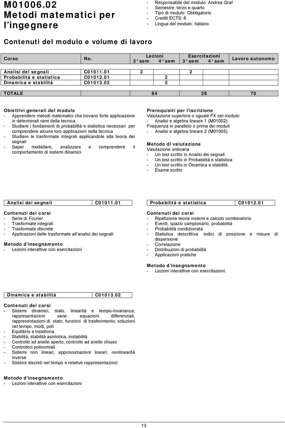 02 2 TOTALE 84 28 70 - Apprendere metodi matematici che trovano forte applicazione in determinati rami della tecnica - Studiare i fondamenti di probabilità e statistica necessari per comprendere