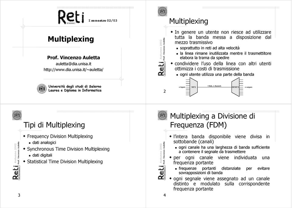 it/~auletta/ Multiplexing In genere un utente non riesce ad utilizzare tutta la banda messa a disposizione dal mezzo trasmissivo soprattutto in reti ad alta velocità la linea rimane inutilizzata