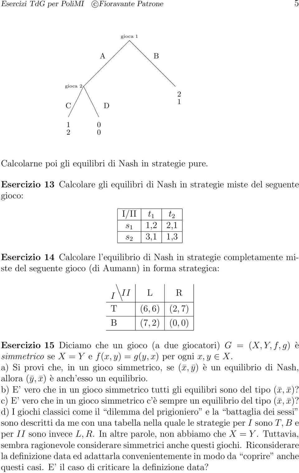 (di Aumann) in forma strategica: I II L R T (6, 6) (, 7) B (7, ) (, ) Esercizio 5 Diciamo che un gioco (a due giocatori) G = (X, Y, f, g) è simmetrico se X = Y e f(x, y) = g(y, x) per ogni x, y X.