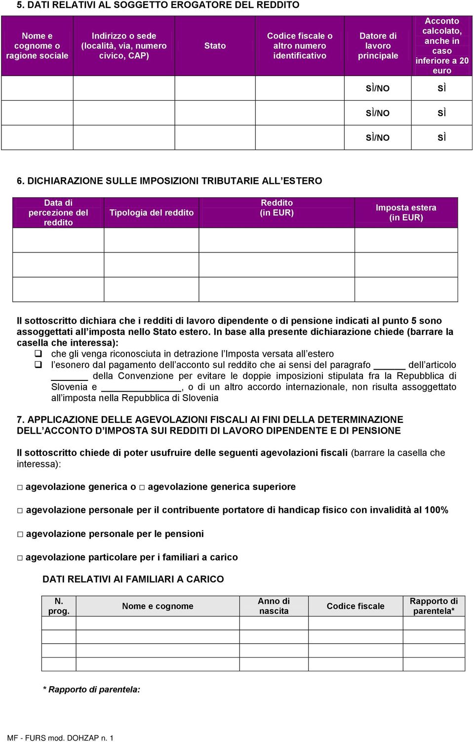 DICHIARAZIONE SULLE IMPOSIZIONI TRIBUTARIE ALL ESTERO Data di percezione del reddito Tipologia del reddito Reddito Imposta estera Il sottoscritto dichiara che i redditi di lavoro dipendente o di