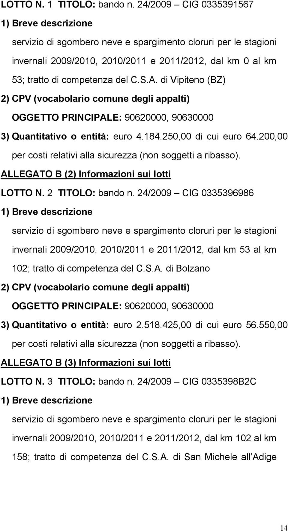 A. di Vipiteno (BZ) 2) CPV (vocabolario comune degli appalti) OGGETTO PRINCIPALE: 90620000, 90630000 3) Quantitativo o entità: euro 4.184.250,00 di cui euro 64.