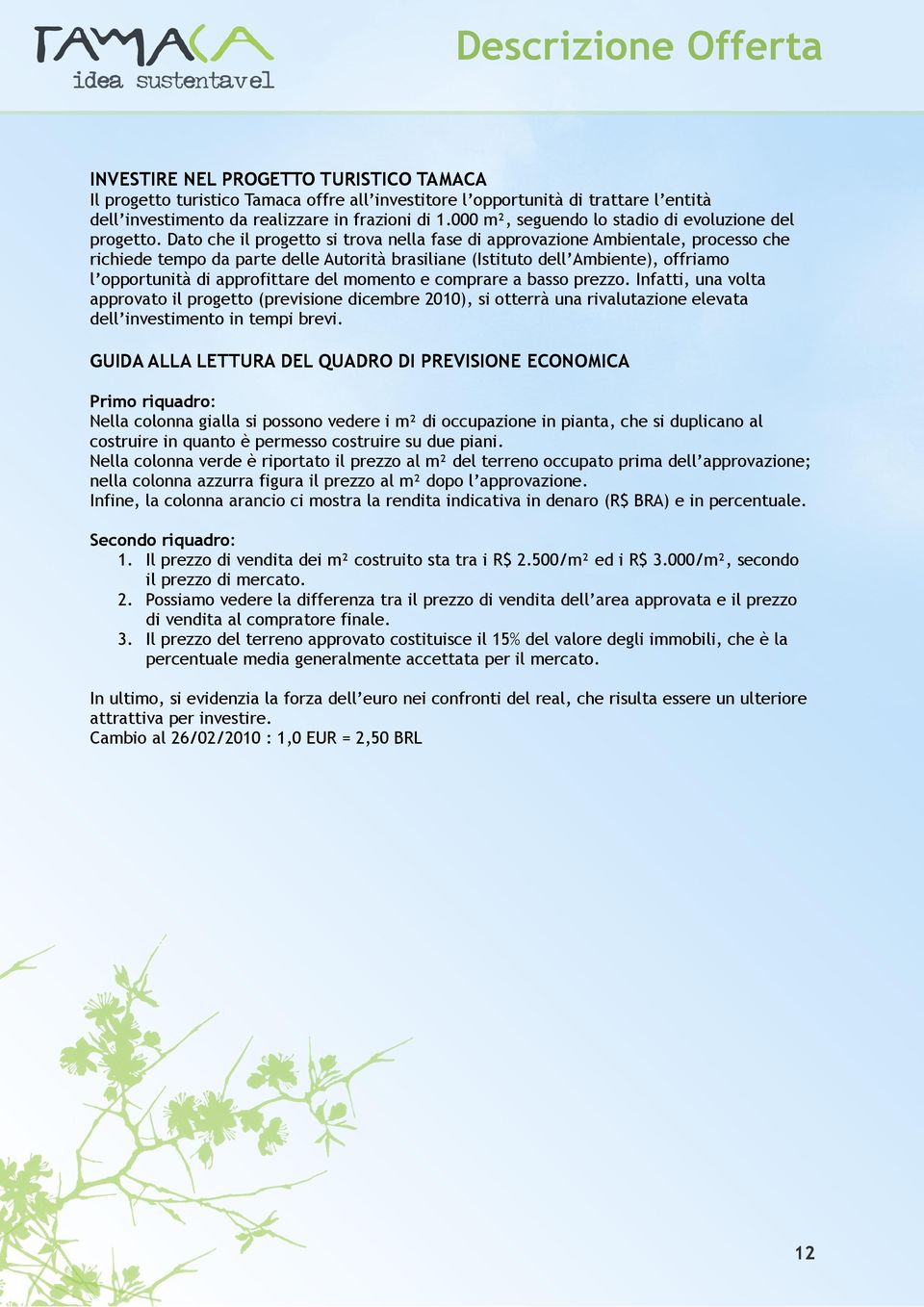 Dato che il progetto si trova nella fase di approvazione Ambientale, processo che richiede tempo da parte delle Autorità brasiliane (Istituto dell Ambiente), offriamo l opportunità di approfittare