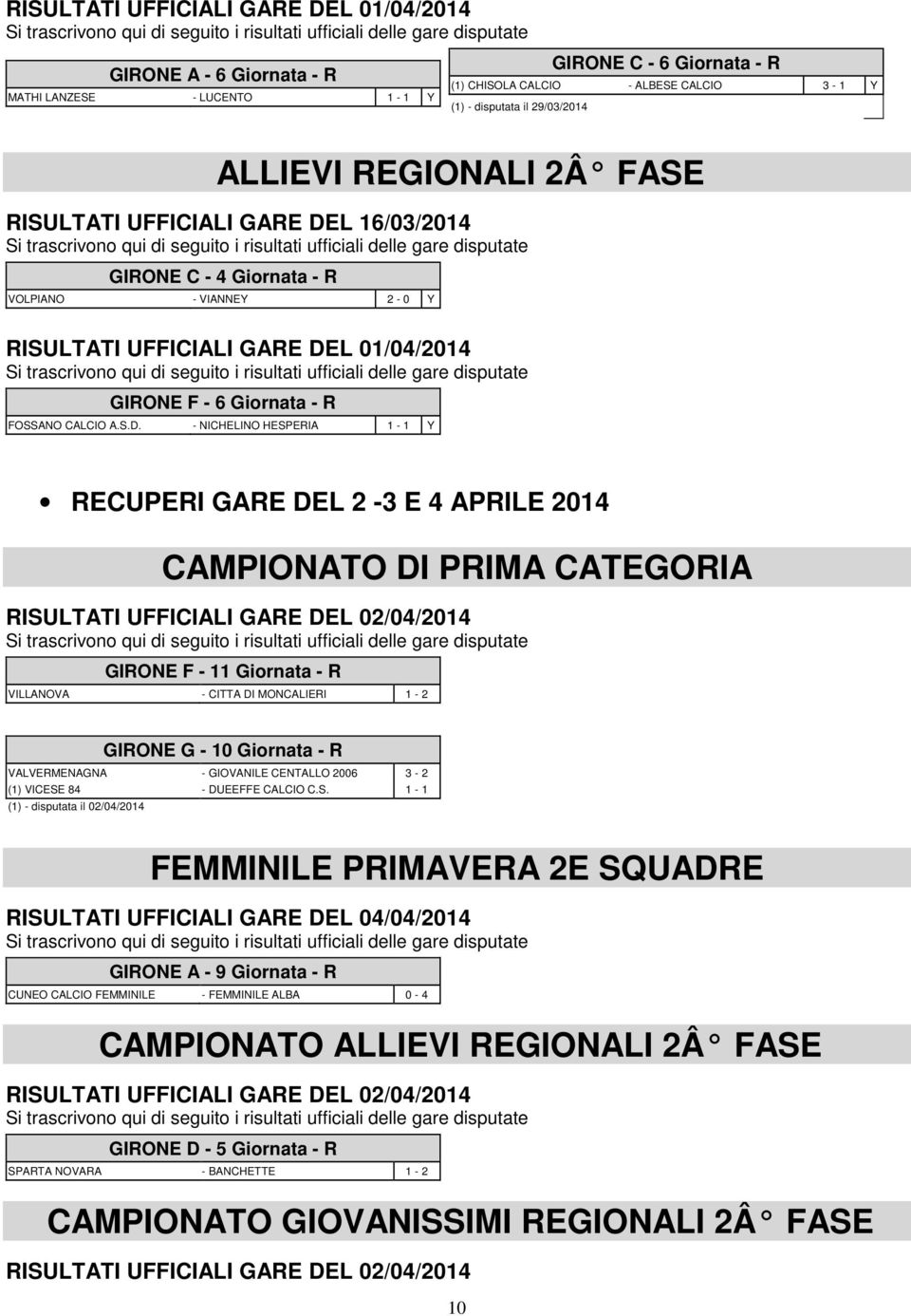 disputate GIRONE C - 4 Giornata - R VOLPIANO - VIANNEY 2-0 Y RISULTATI UFFICIALI GARE DEL 01/04/2014 Si trascrivono qui di seguito i risultati ufficiali delle gare disputate GIRONE F - 6 Giornata - R