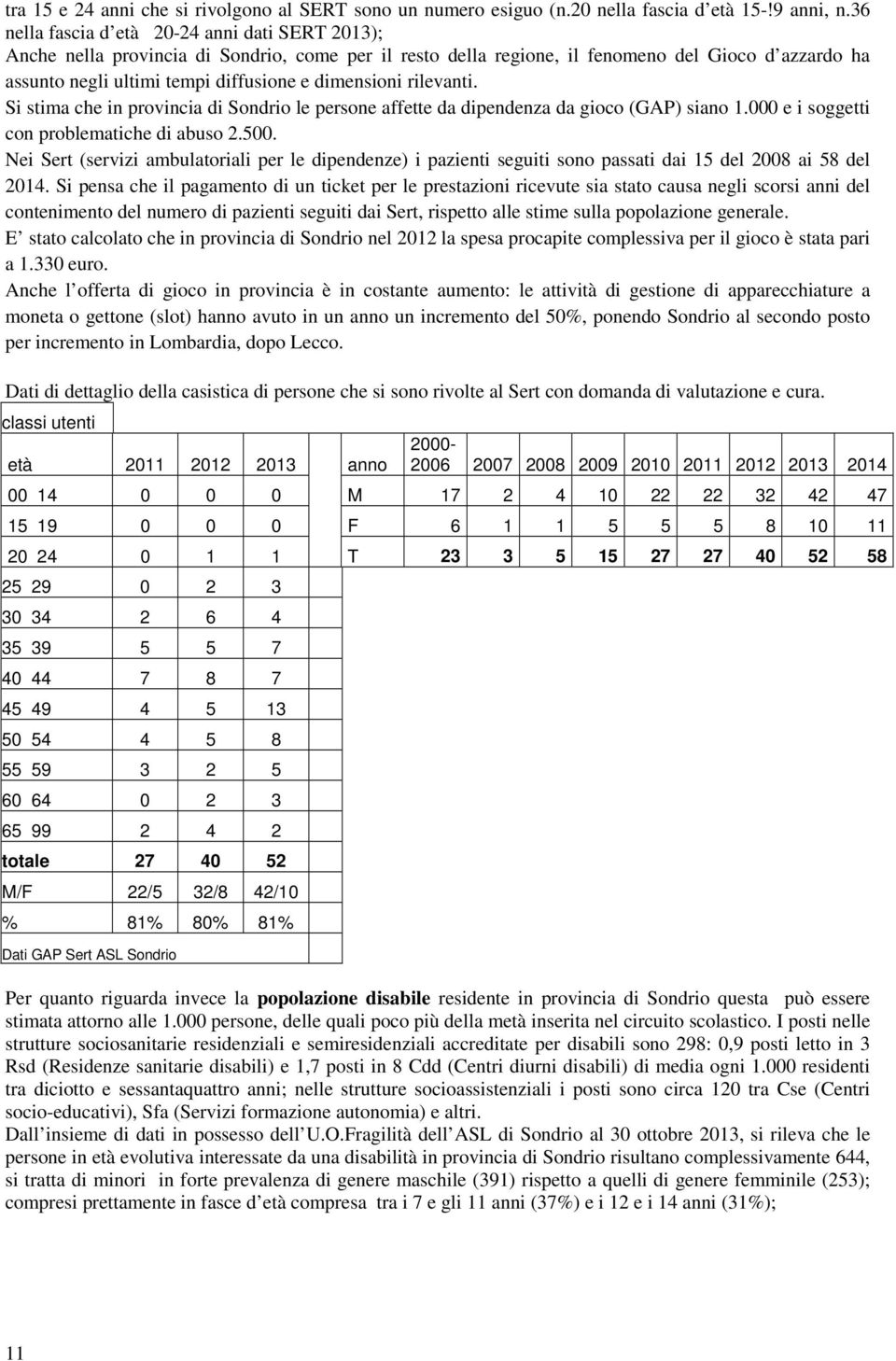 dimensioni rilevanti. Si stima che in provincia di Sondrio le persone affette da dipendenza da gioco (GAP) siano 1.000 e i soggetti con problematiche di abuso 2.500.