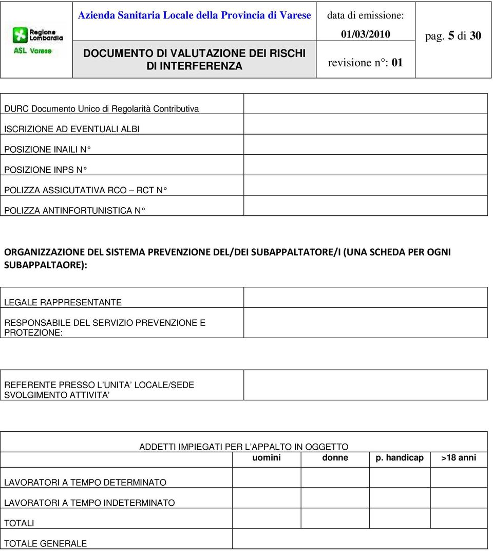 SUBAPPALTAORE): LEGALE RAPPRESENTANTE RESPONSABILE DEL SERVIZIO PREVENZIONE E PROTEZIONE: REFERENTE PRESSO L UNITA LOCALE/SEDE SVOLGIMENTO