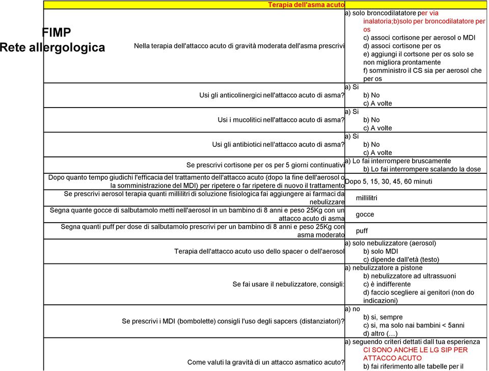 a) solo broncodilatatore per via inalatoria;b)solo per broncodilatatore per os c) associ cortisone per aerosol o MDI d) associ cortisone per os e) aggiungi il cortsone per os solo se non migliora