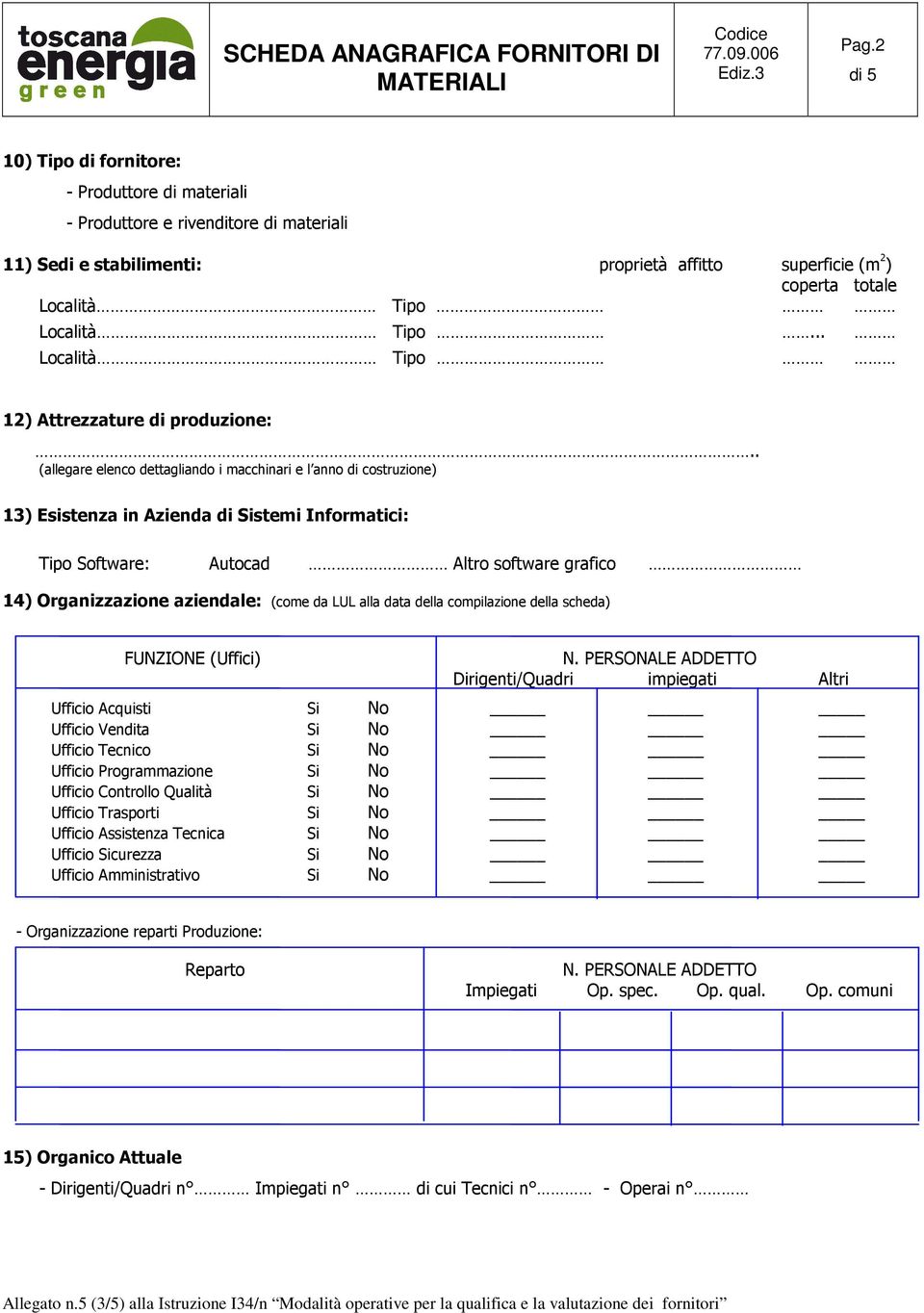 . (allegare elenco dettagliando i macchinari e l anno di costruzione) 13) Esistenza in Azienda di Sistemi Informatici: Tipo Software: Autocad Altro software grafico 14) Organizzazione aziendale: