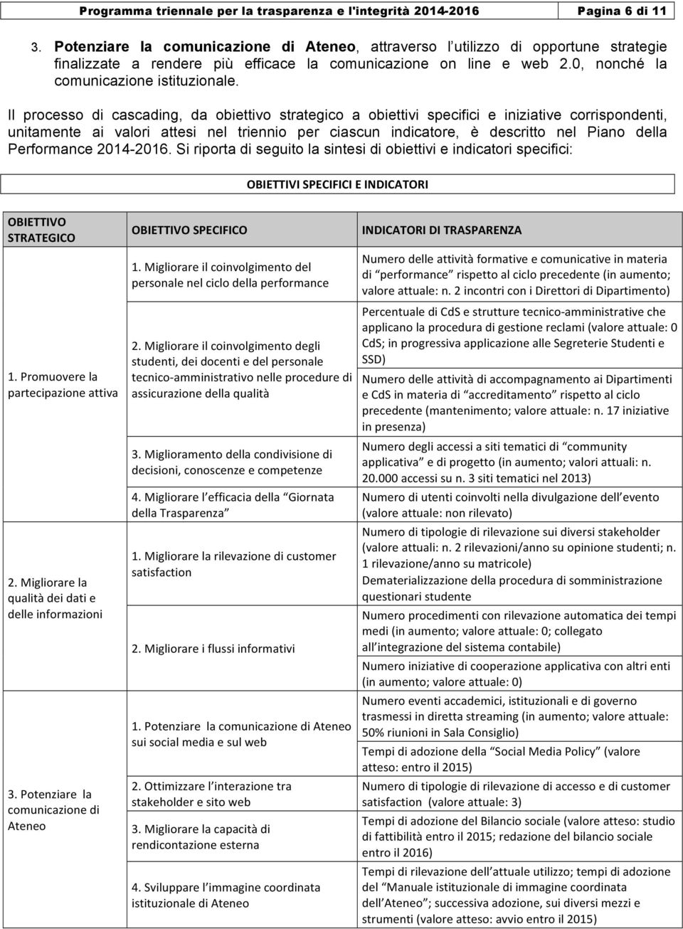 Il processo di cascading, da obiettivo strategico a obiettivi specifici e iniziative corrispondenti, unitamente ai valori attesi nel triennio per ciascun indicatore, è descritto nel Piano della