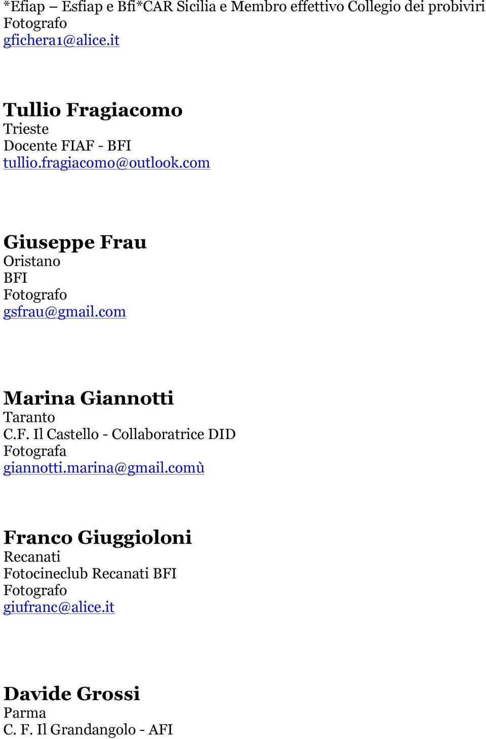 com Giuseppe Frau Oristano BFI gsfrau@gmail.com Marina Giannotti Taranto C.F. Il Castello - Collaboratrice DID giannotti.