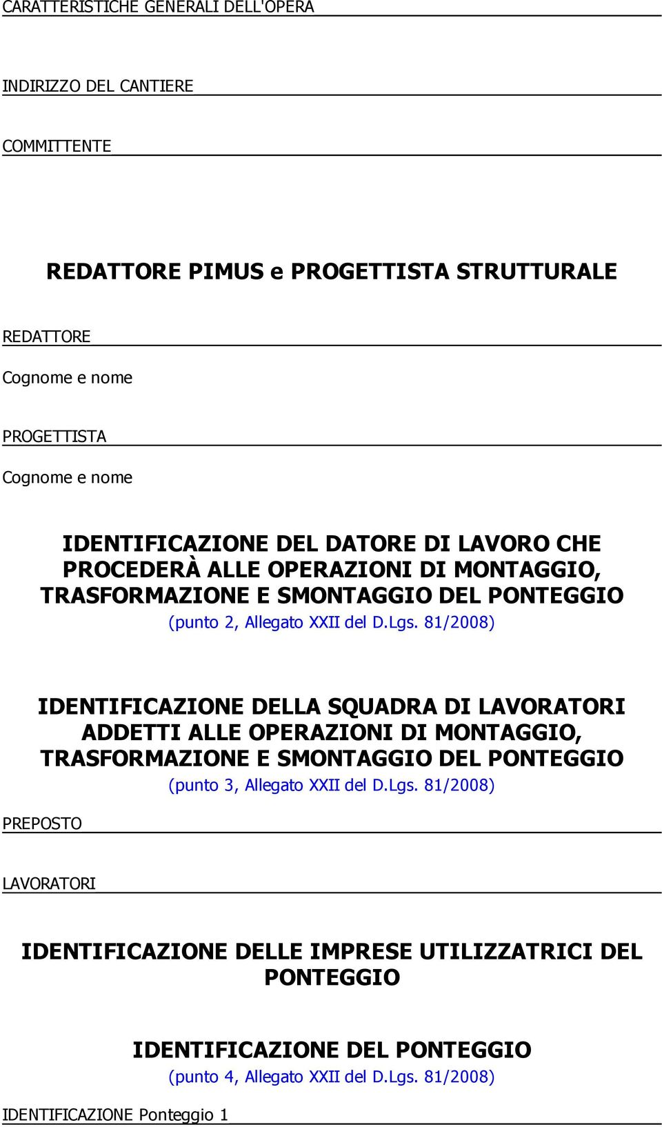 81/2008) IDENTIFICAZIONE DELLA SQUADRA DI LAVORATORI ADDETTI ALLE OPERAZIONI DI MONTAGGIO, TRASFORMAZIONE E SMONTAGGIO DEL PONTEGGIO (punto 3, Allegato XXII del D.Lgs.