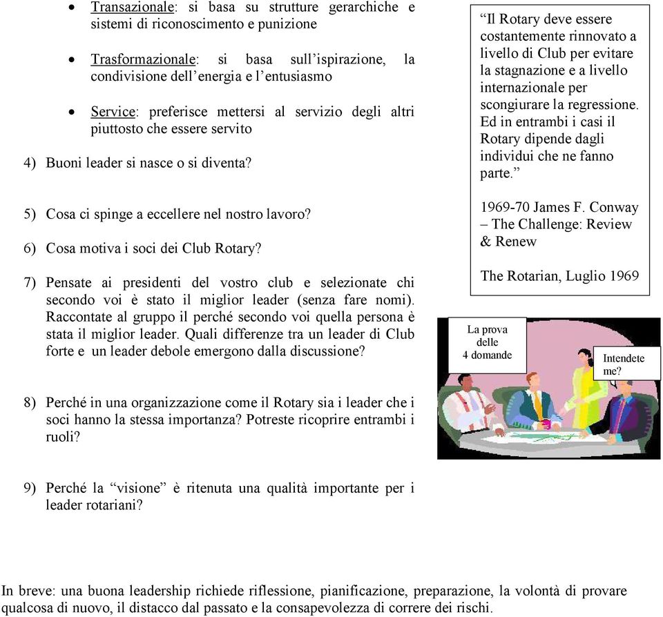 7) Pensate ai presidenti del vostro club e selezionate chi secondo voi è stato il miglior leader (senza fare nomi). Raccontate al gruppo il perché secondo voi quella persona è stata il miglior leader.