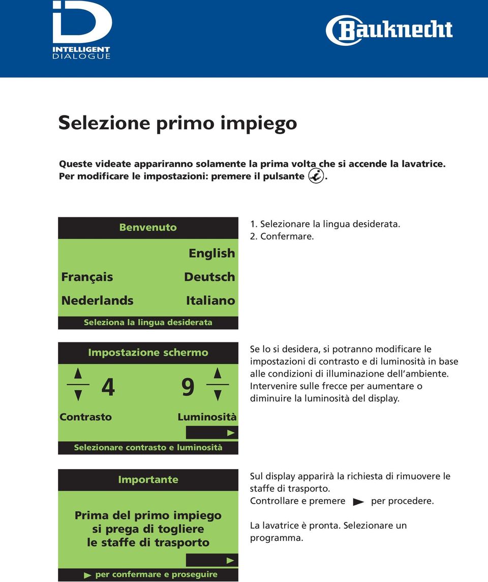 Français Nederlands Deutsch Italiano Seleziona la lingua desiderata Impostazione schermo 4 9 Contrasto Luminosità Se lo si desidera, si potranno modificare le impostazioni di contrasto e di