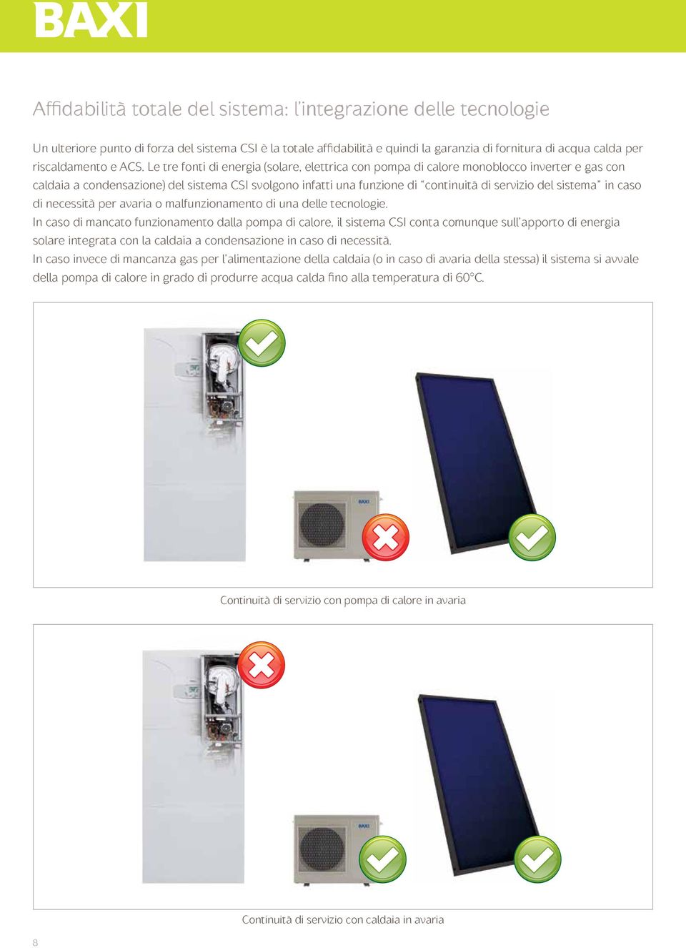 Le tre fonti di energia (solare, elettrica con pompa di calore monoblocco inverter e gas con caldaia a condensazione) del sistema CSI svolgono infatti una funzione di continuità di servizio del