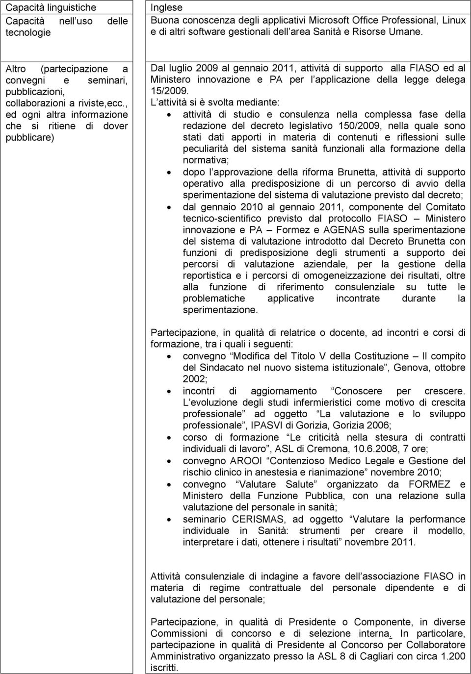 , ed ogni altra informazione che si ritiene di dover pubblicare) Dal luglio 2009 al gennaio 2011, attività di supporto alla FIASO ed al Ministero innovazione e PA per l applicazione della legge