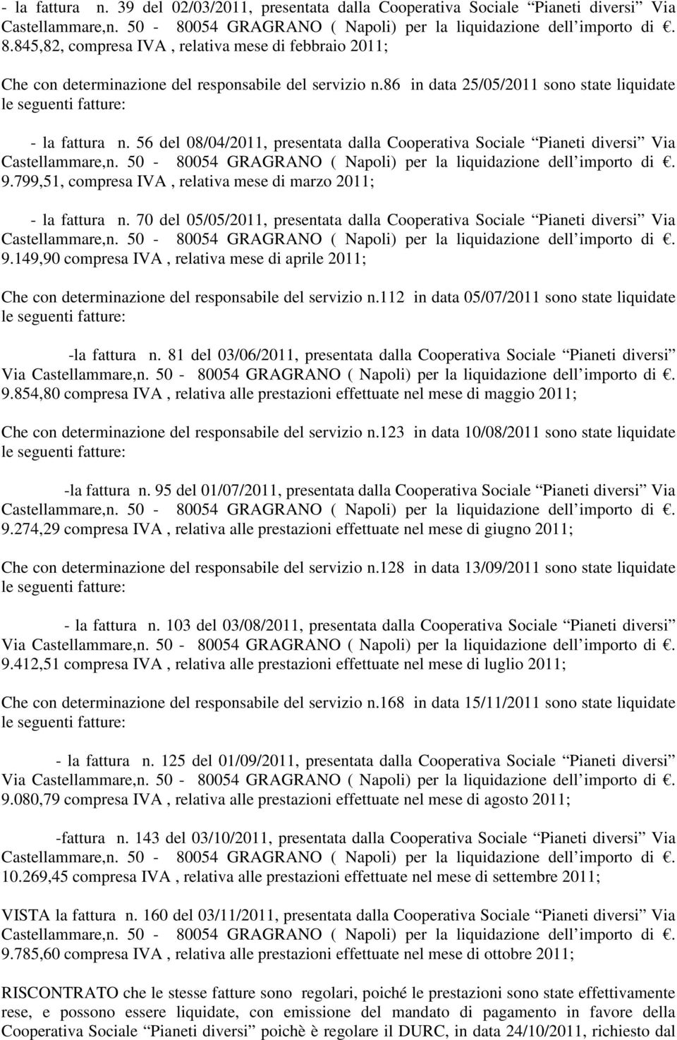 56 del 08/04/2011, presentata dalla Cooperativa Sociale Pianeti diversi Via 9.799,51, compresa IVA, relativa mese di marzo 2011; - la fattura n.