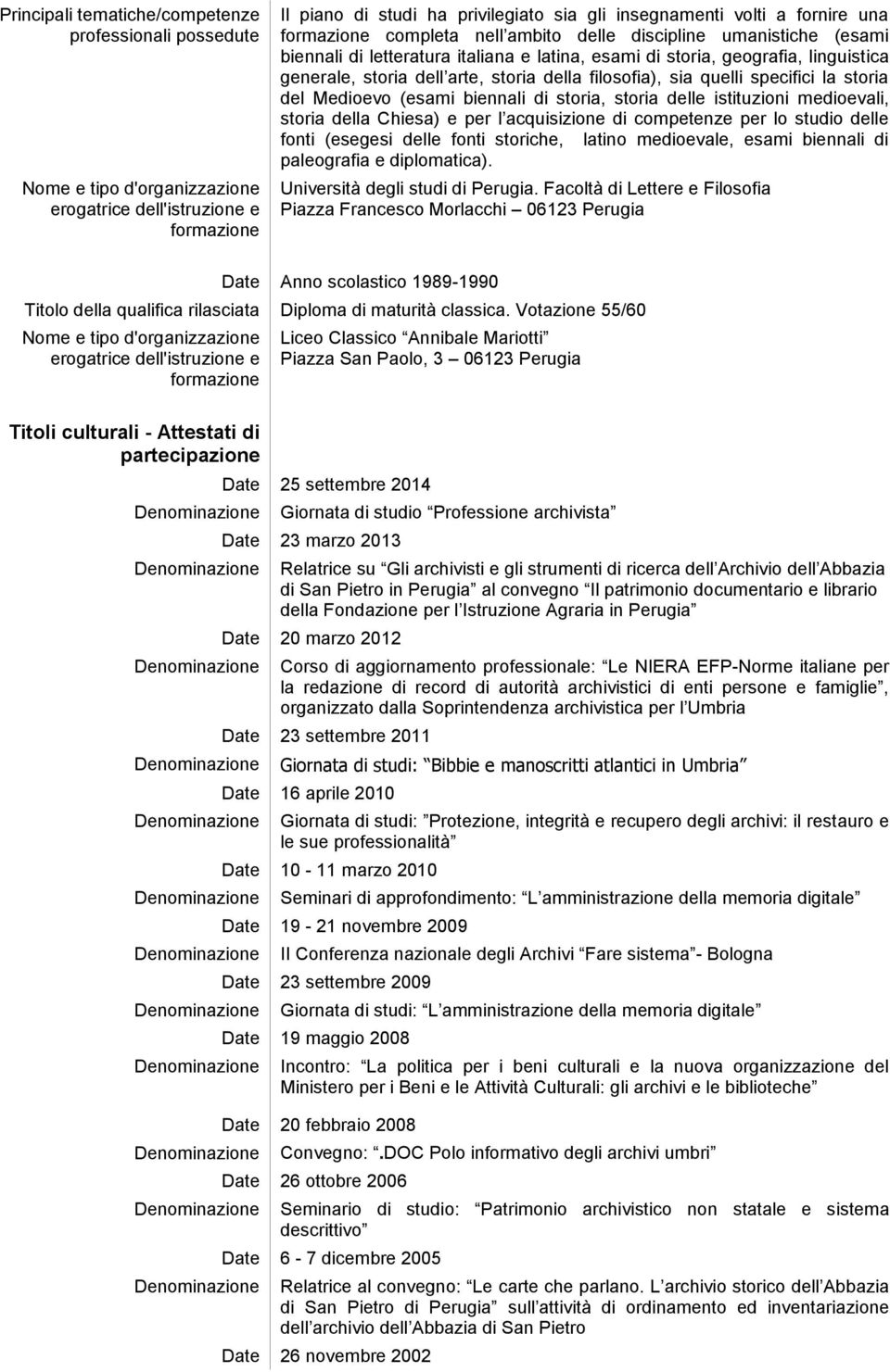 Chiesa) e per l acquisizione di competenze per lo studio delle fonti (esegesi delle fonti storiche, latino medioevale, esami biennali di paleografia e diplomatica). Università degli studi di Perugia.