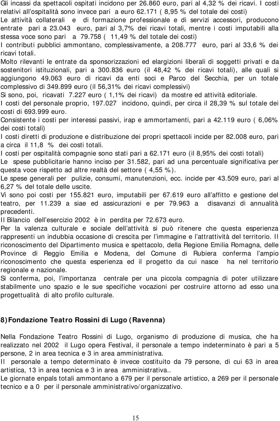 043 euro, pari al 3,7% dei ricavi totali, mentre i costi imputabili alla stessa voce sono pari a 79.758 ( 11,49 % del totale dei costi) I contributi pubblici ammontano, complessivamente, a 208.