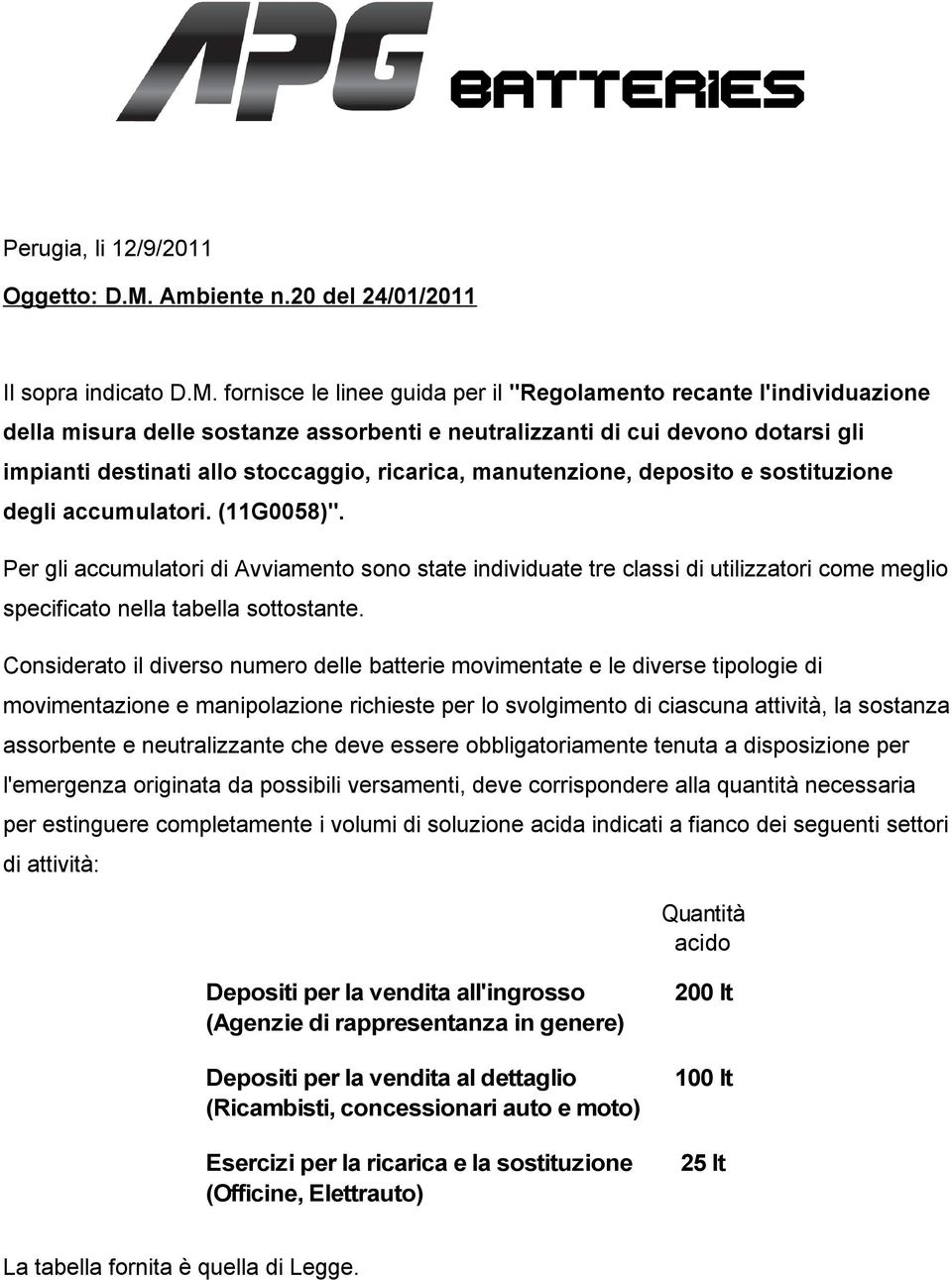 fornisce le linee guida per il "Regolamento recante l'individuazione della misura delle sostanze assorbenti e neutralizzanti di cui devono dotarsi gli impianti destinati allo stoccaggio, ricarica,