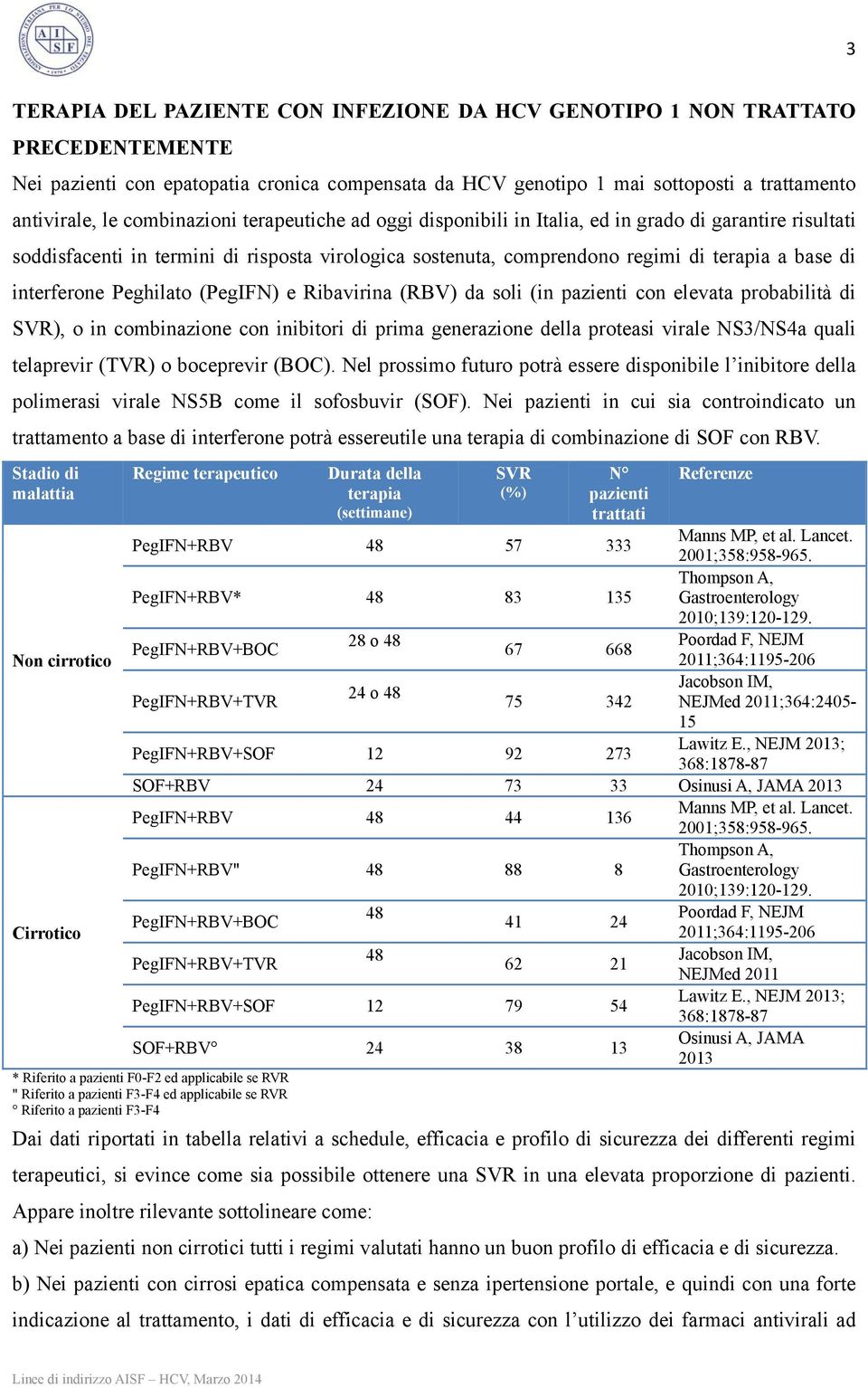 interferone Peghilato (PegIFN) e Ribavirina (RBV) da soli (in pazienti con elevata probabilità di SVR), o in combinazione con inibitori di prima generazione della proteasi virale NS3/NS4a quali