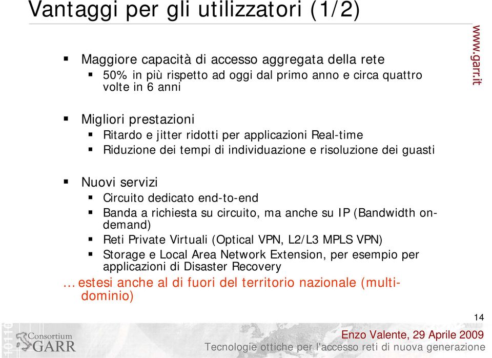 servizi Circuito dedicato end-to-end Banda a richiesta su circuito, ma anche su IP (Bandwidth ondemand) Reti Private Virtuali (Optical VPN, L2/L3 MPLS