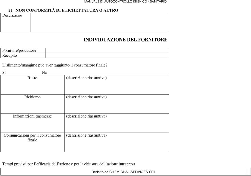 Si No Ritiro INDIVIDUAZIONE DEL FORNITORE (descrizione riassuntiva) Richiamo (descrizione riassuntiva) Informazioni