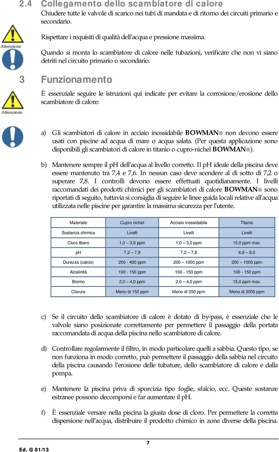 3 Funzionamento È essenziale seguire le istruzioni qui indicate per evitare la corrosione/erosione dello scambiatore di calore: a) Gli scambiatori di calore in acciaio inossidabile BOWMAN non devono