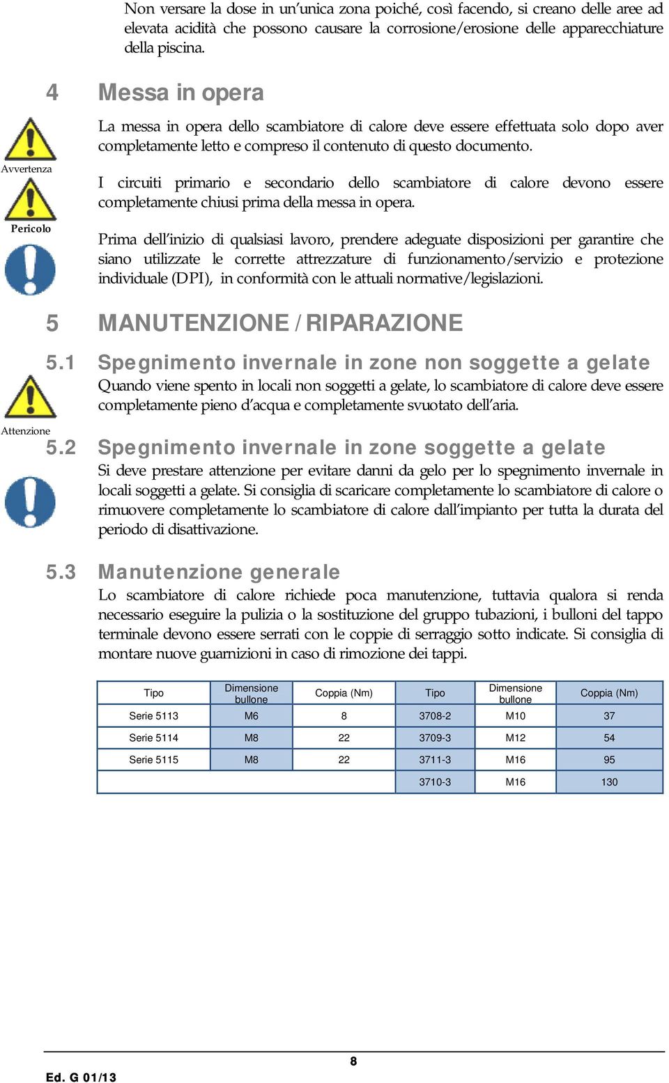 I circuiti primario e secondario dello scambiatore di calore devono essere completamente chiusi prima della messa in opera.