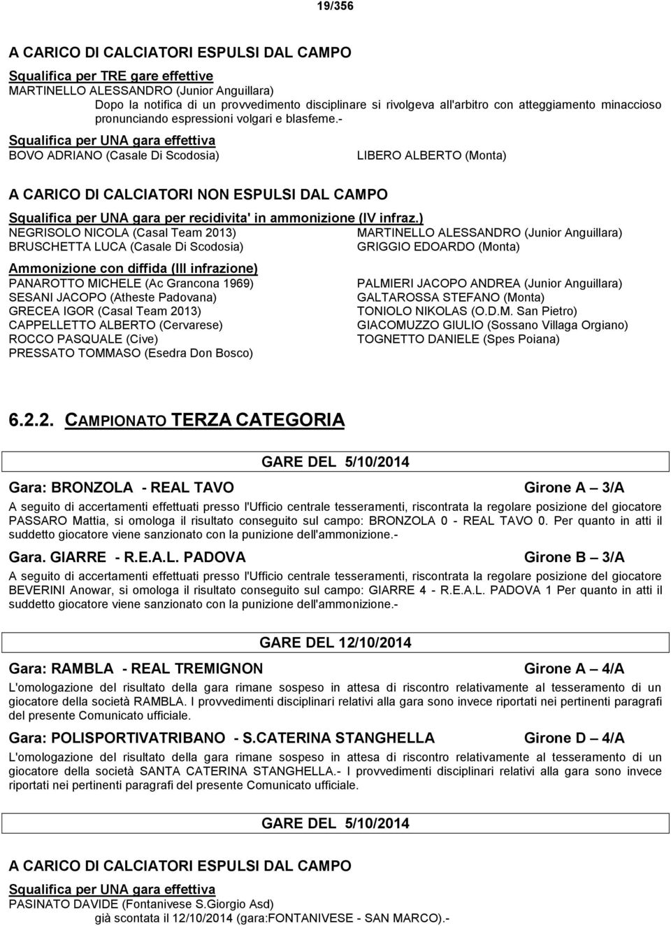 - Squalifica per UNA gara effettiva BOVO ADRIANO (Casale Di Scodosia) A CARICO DI CALCIATORI NON ESPULSI DAL CAMPO LIBERO ALBERTO (Monta) Squalifica per UNA gara per recidivita' in ammonizione (IV