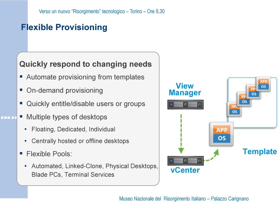 of desktops Floating, Dedicated, Individual Centrally hosted or offline desktops Flexible