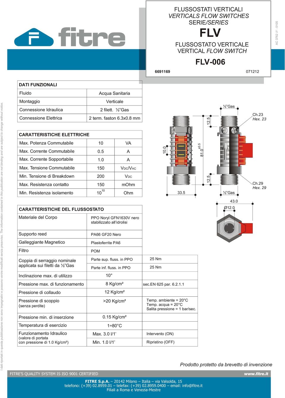 QULITY SYSTEM IS ISO 9001 CERTIFIED cqua Sanitaria 2 filett. V /VC mohm Ohm P66 GF20 Nero Plastoferrite P6 Parte inf. fluss.