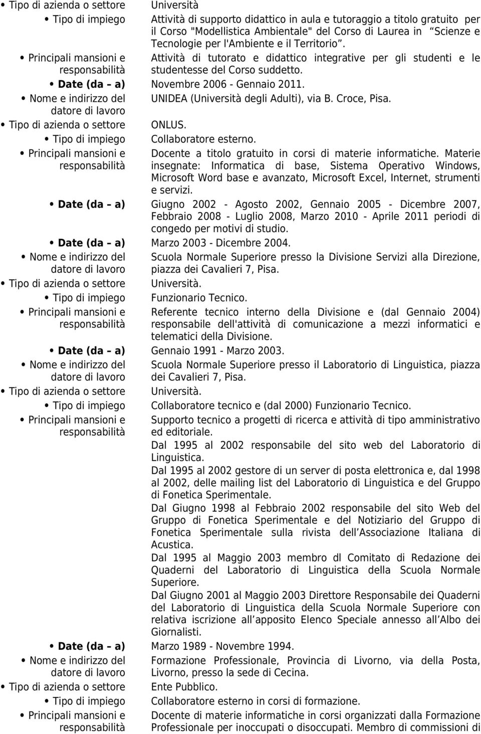 Date (da a) Novembre 2006 - Gennaio 2011. Nome e indirizzo del UNIDEA (Università degli Adulti), via B. Croce, Pisa. Tipo di azienda o settore ONLUS. Tipo di impiego Collaboratore esterno.