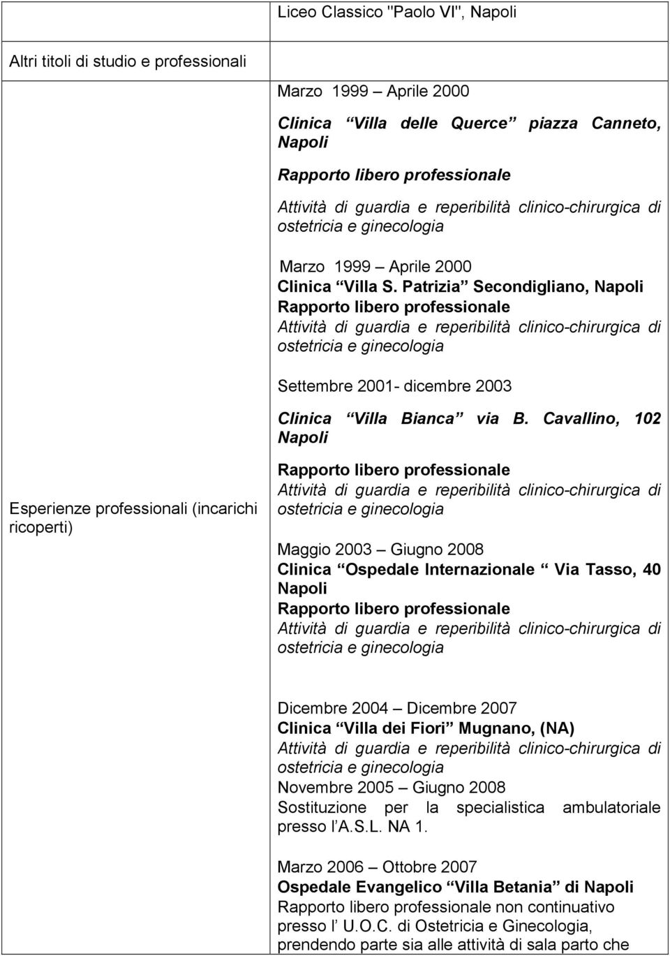 Cavallino, 102 Napoli Esperienze professionali (incarichi ricoperti) Maggio 2003 Giugno 2008 Clinica Ospedale Internazionale Via Tasso, 40 Napoli Dicembre 2004 Dicembre 2007 Clinica Villa