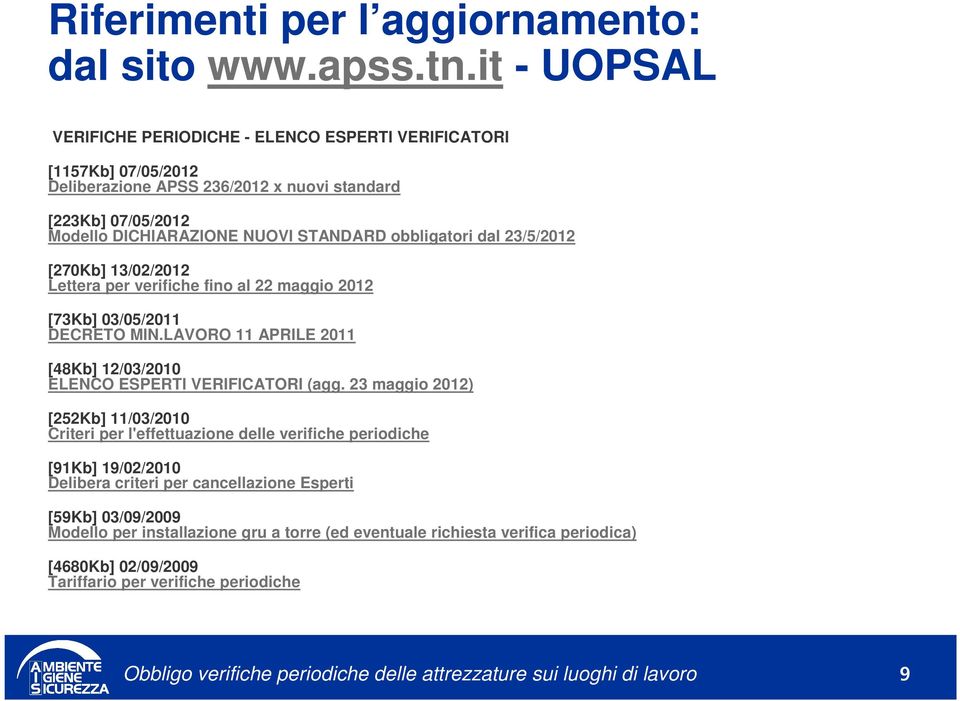 obbligatori dal 23/5/2012 [270Kb] 13/02/2012 Lettera per verifiche fino al 22 maggio 2012 [73Kb] 03/05/2011 DECRETO MIN.