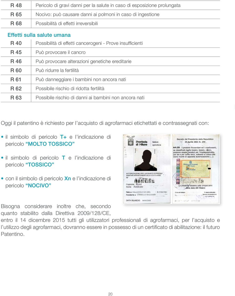 danneggiare i bambini non ancora nati R 62 Possibile rischio di ridotta fertilità R 63 Possibile rischio di danni ai bambini non ancora nati Oggi il patentino è richiesto per l acquisto di