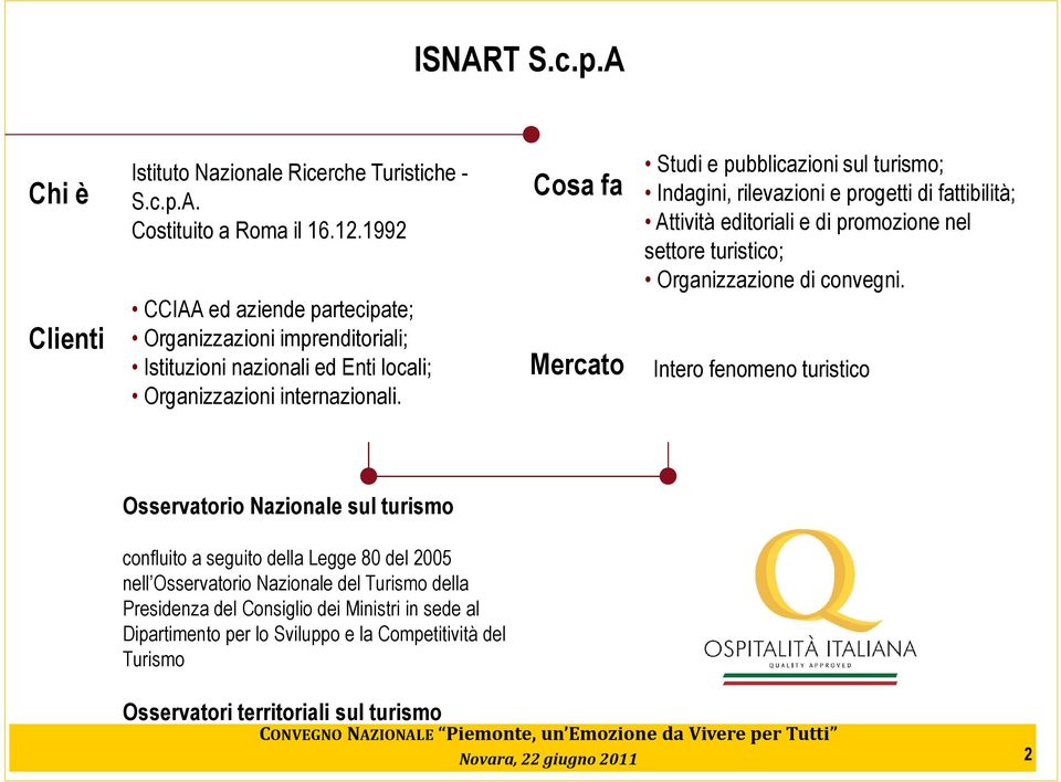 Cosa fa Mercato Studi e pubblicazioni sul turismo; Indagini, rilevazioni e progetti di fattibilità; Attività editoriali e di promozione nel settore turistico; Organizzazione di convegni.