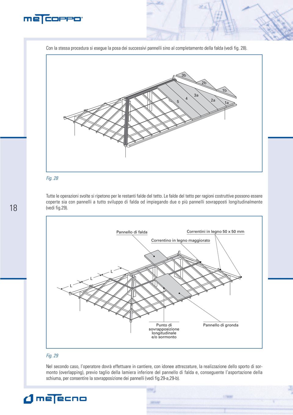 Le falde del tetto per ragioni costruttive possono essere coperte sia con pannelli a tutto sviluppo di falda od impiegando due o più pannelli sovrapposti longitudinalmente (vedi fig.29).