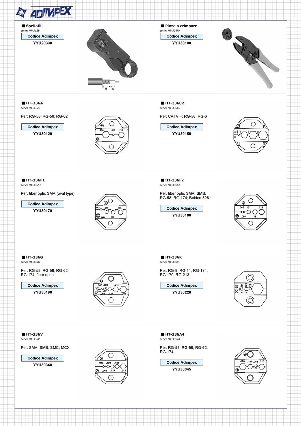 RG-58; RG-174; Belden 8281 YYU30180 HT-336G serie: HT-336G Per: RG-58; RG-59; RG-62; RG-174; fiber optic YYU30190 HT-336K serie: HT-336K Per: RG-8;